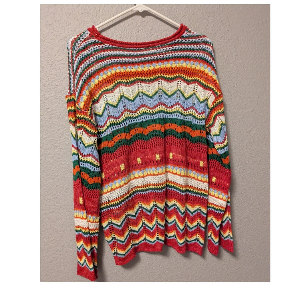 NEW Red Rainbow Multicolor Striped Hollowed Knit Women's Sweater Loose Sleeve M - Picture 4 of 7